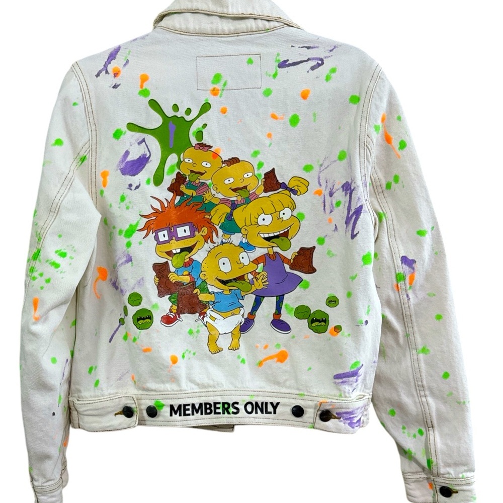 NICKELODEON Rugrats Reptar Bar White Jean Jacket Paint Splatter - Picture 3 of 11